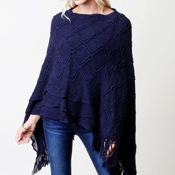 NEW Women's Navy Blue Fringed Sweater Poncho Cape - Picture 2 of 2